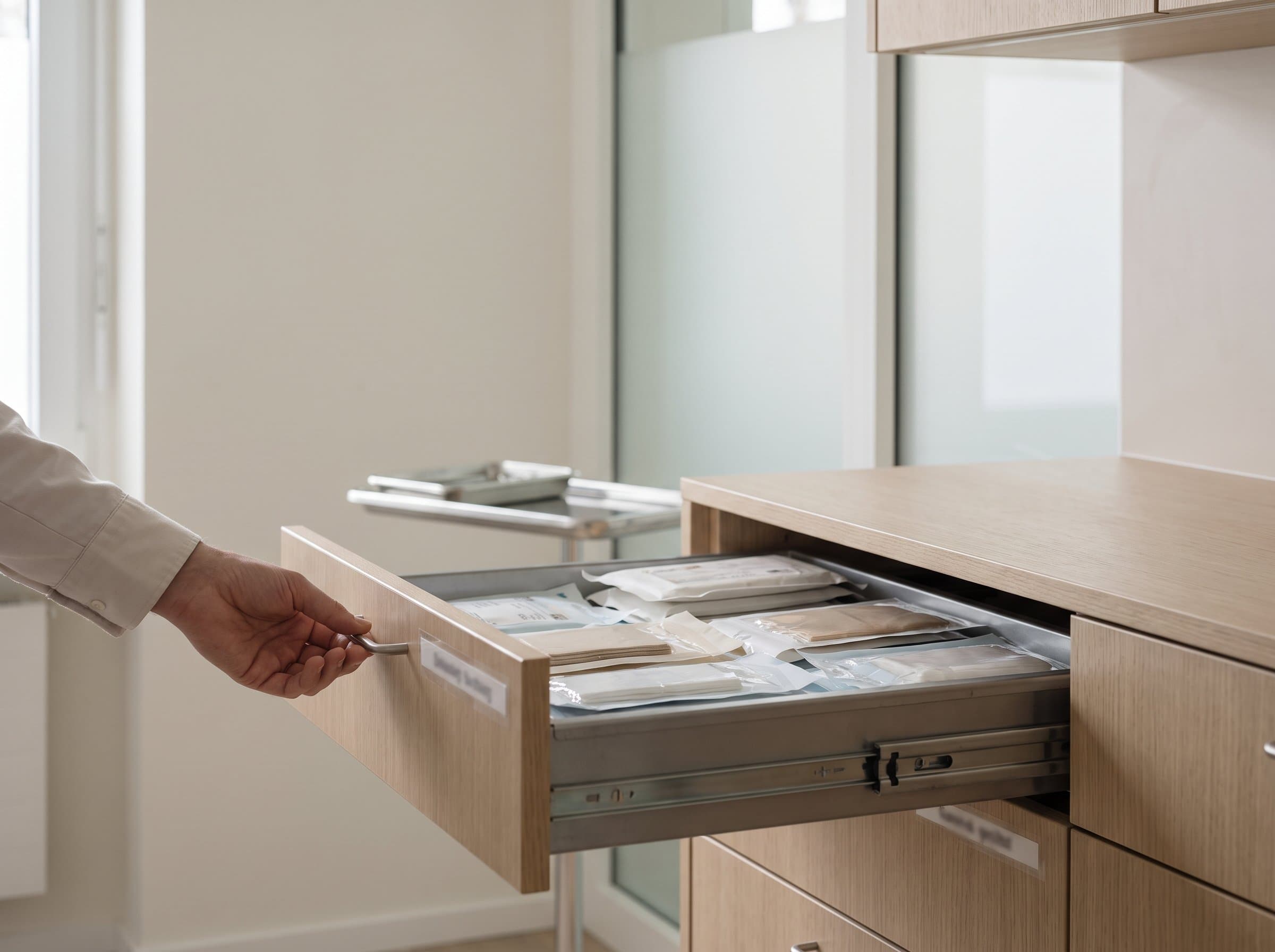 Im Behandlungszimmer wird eine beschriftete Schublade mit Verbandmaterial geöffnet