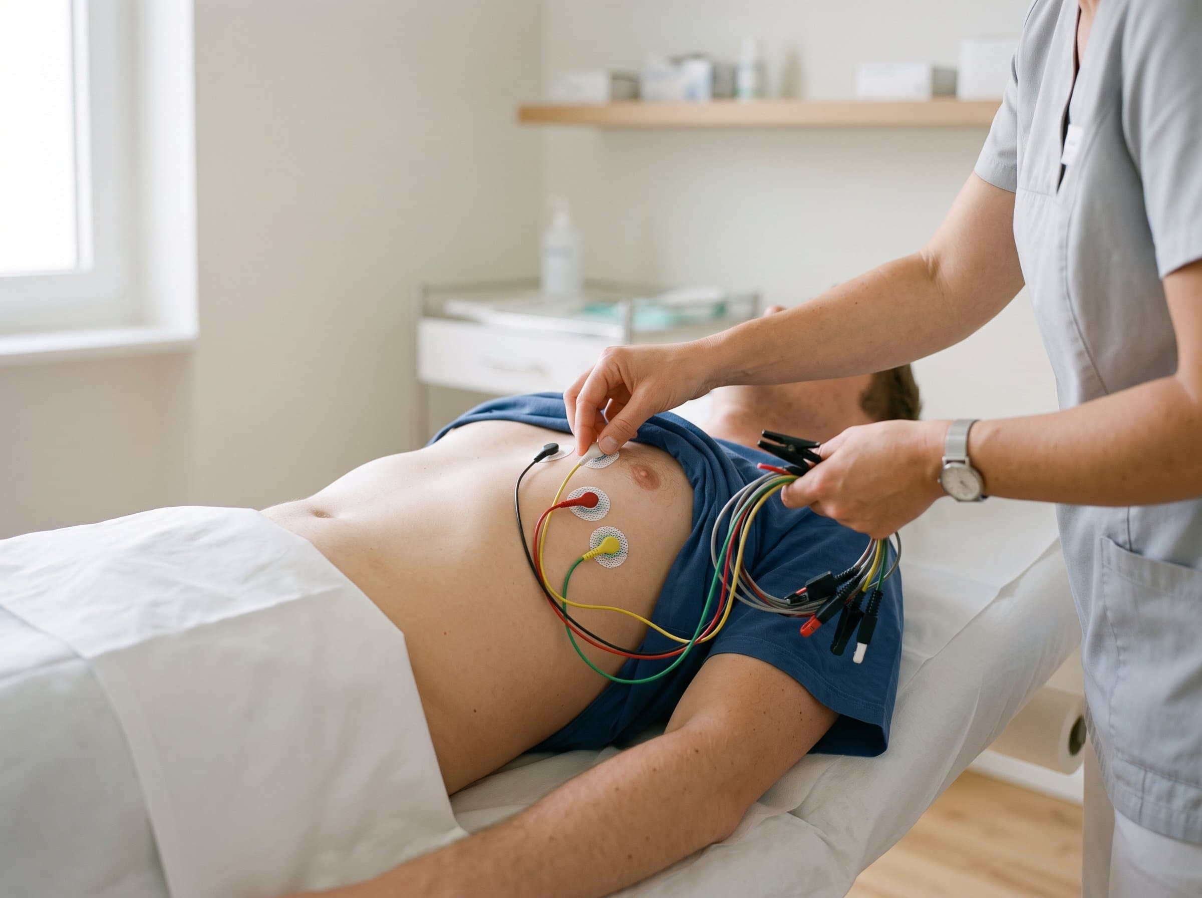 Für ein EKG werden Elektroden gesetzt, die Kabel in einer Hand