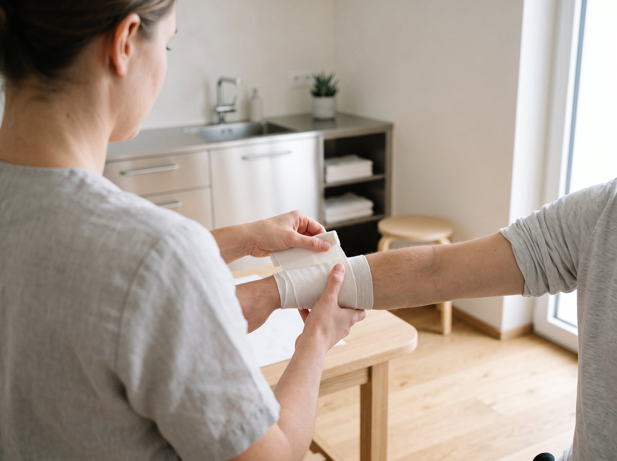 Ein Verband wird um den Unterarm gelegt und am Rand glattgestrichen